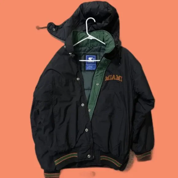 VTG 90s NCAA MIAMI HURRICANES STARTER PUFFER JACKET HOODIE SIZE XS BLACK